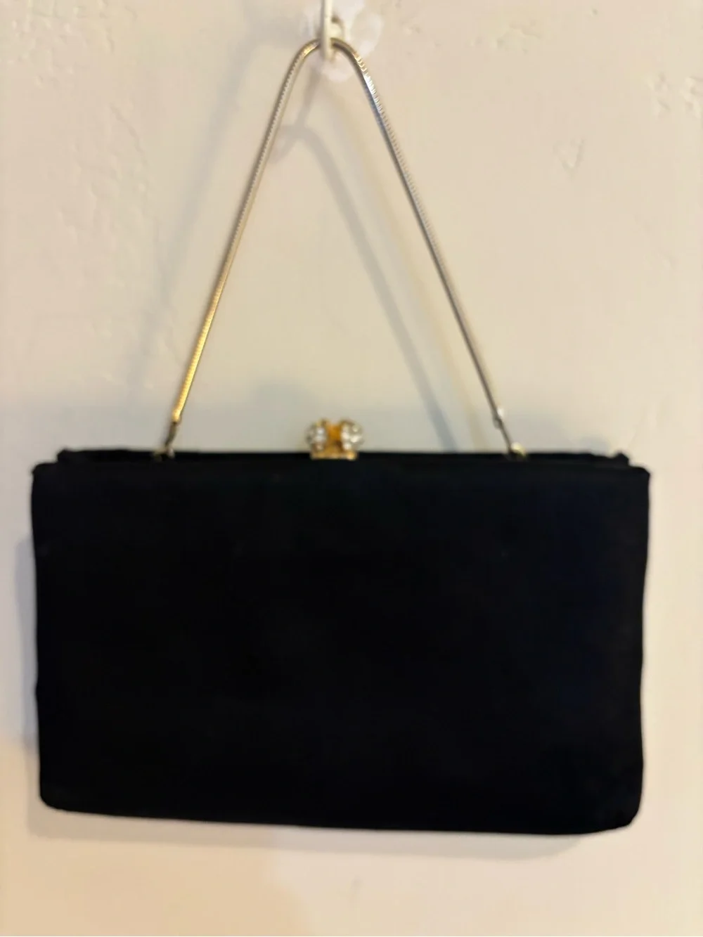 Vintage Mr Joselle Black Satin Evening Clutch with Crystal Kiss Lock